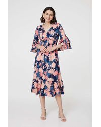 Izabel London - Floral 3/4 Sleeve Ruffled Midi Dress - Lyst