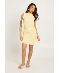 Boohoo - Textured Slash Neck Ruched Waist Mini Dress - Lyst