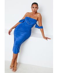 Femme Luxe - Bardot Cowl Neck Ruched Midi Dress - Lyst