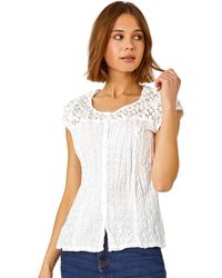Roman - Lace Yoke And Sleeve Crinkle Blouse - Lyst