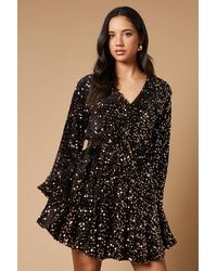 Oasis - Sequin Long Sleeve Button Detail Mini Dress - Lyst