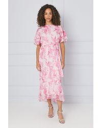 Wallis - Floral Ruffle Metallic Sleeve Belted Midaxi Dress - Lyst