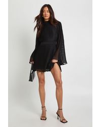 Boohoo - Tall Pleated Chiffon High Neck Flare Sleeve Mini Dress - Lyst