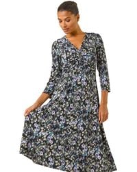 Roman - Floral Twisted Front Stretch Midi Dress - Lyst