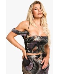 Boohoo - Crushed Mesh Peacock Feather Printed Cowl Neck Top - Lyst