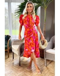 AX Paris - And Floral Printed Short Puff Sleeve Gathered Side Midi Dress - Lyst
