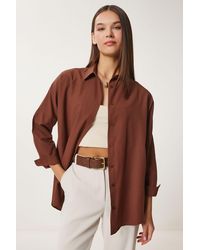 Happiness İstanbul - Oversized Poplin Button-Up Shirt With Long Sleeves - Lyst
