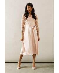 Wallis - Satin And Mesh Overlay Fit And Flare Dress - Lyst