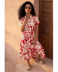 Roman - Leaf Print Belted Midi Shirt Dress - Lyst