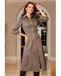 Sosandar - Taupe Faux Suede Popper Front Shirt Dress - Lyst