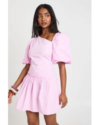 Boohoo - Puff Sleeve Asymmetric Neckline Mini Dress - Lyst