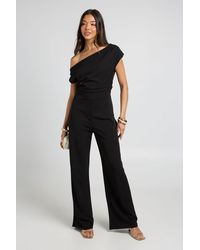 Boohoo - Jersey Crepe Drape Shoulder Wide Leg Jumpsuit - Lyst
