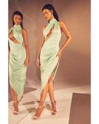 MissPap - Premium Satin Grown On Neck Draped Midi Dress - Lyst