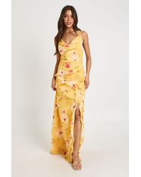 Boohoo - Chiffon Floral Cowl Neck Ruffle Detail Maxi Dress - Lyst