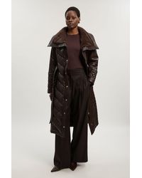Karen Millen - Padded Faux Leather & Fur Mix Midi Coat - Lyst