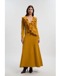 Karen Millen - Compact Wool Look Ruffle V Neck Midi Dress - Lyst