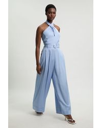 Karen Millen - Premium Viscose Linen Cross Front Halter Belted Woven Wide Leg Jumpsuit - Lyst