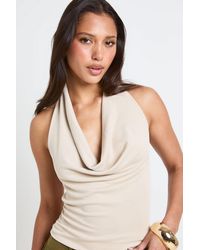 Boohoo - Premium Peached Ribhalterneck Cowl Crop Top - Lyst