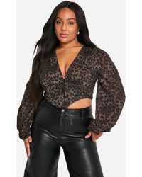 Boohoo - Plus Leopard Puff Sleeve Longline Corset Top - Lyst