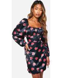 Boohoo - Floral Puff Sleeve Mini Dress - Lyst