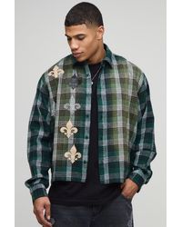 BoohooMAN - Oversized Applique Distress Boxy Revere Long Sleeve Check Shirt - Lyst
