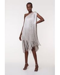 Karen Millen - Tall Figure Form Bandage One Shoulder Fringe Mini Knit Dress - Lyst