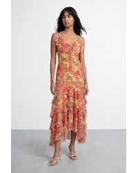 Warehouse - Floral Print Pintuck And Ruffle Midi Dress - Lyst