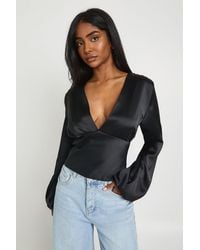 Boohoo - Satin V Neck Balloon Sleeve Blouse - Lyst