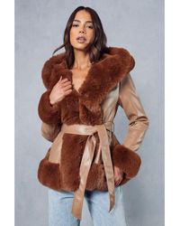 MissPap - Faux Fur Leather Look Belted Coat - Lyst