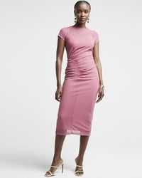 River Island - Pink Mesh Stripe Bodycon Midi Dress - Lyst