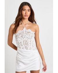 Boohoo - Halter Lace Corset Drape Skirt Mini Dress - Lyst