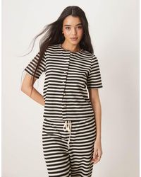 Vila - Textured Knitted Stripe Short Sleeve Button Down Top Co-Ord - Lyst