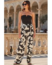 Sosandar - Ivory Floral Print Satin Wide Leg Trousers - Lyst