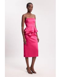 Karen Millen - Bonded Satin Peplum Pencil Woven Midi Dress - Lyst
