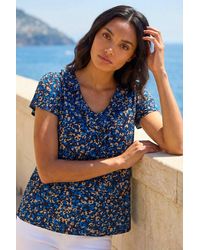 Roman - Printed Ruffle V-Neck Stretch Top - Lyst