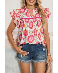 Azura Exchange - Floral Print Flutter Sleeve Blouse - Lyst