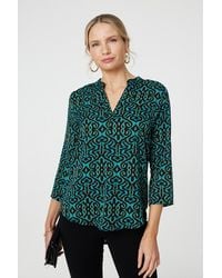 Izabel London - Aztec Print 3/4 Sleeve Curve Hem Blouse - Lyst