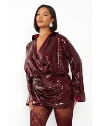 Boohoo - Plus Sequin Draped Flare Sleeve Shirt Dress - Lyst