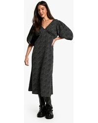 Boohoo - Polka Dot Puff Sleeve Tie Back Midi Dress - Lyst