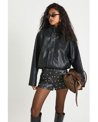 Boohoo - Funnel Neck Faux Leather Bomber Jacket - Lyst