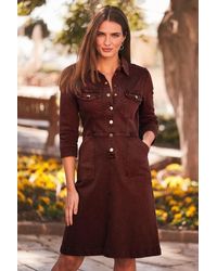 Sosandar - Burgundy Popper Front 3/4 Sleeve Stretch Denim Dress - Lyst