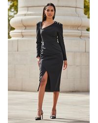 Sosandar - Asymmetric Neckline Pencil Dress With Button Detail - Lyst