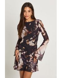 Boohoo - Tonal Abstract Mesh Flare Sleeve Mini Dress - Lyst