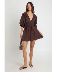 Boohoo - Tall Linen Look Volume Sleeve Shirred Skater Dress - Lyst