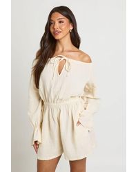 Boohoo - Textured Bardot Blouson Playsuit - Lyst