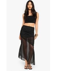 Boohoo - Mesh Ruched Waist Asym Hem Maxi Skirt - Lyst