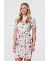 Izabel London - Floral High Neck Tie Waist Short Dress - Lyst