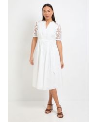 Wallis - Petite Cotton Lace Belted Midi Dress - Lyst