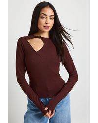 Boohoo - Rib Long Sleeve Keyhole Detail Top With Bead Trim - Lyst