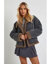 Boohoo - Fur Detail Suede High Neck Aviator Jacket - Lyst